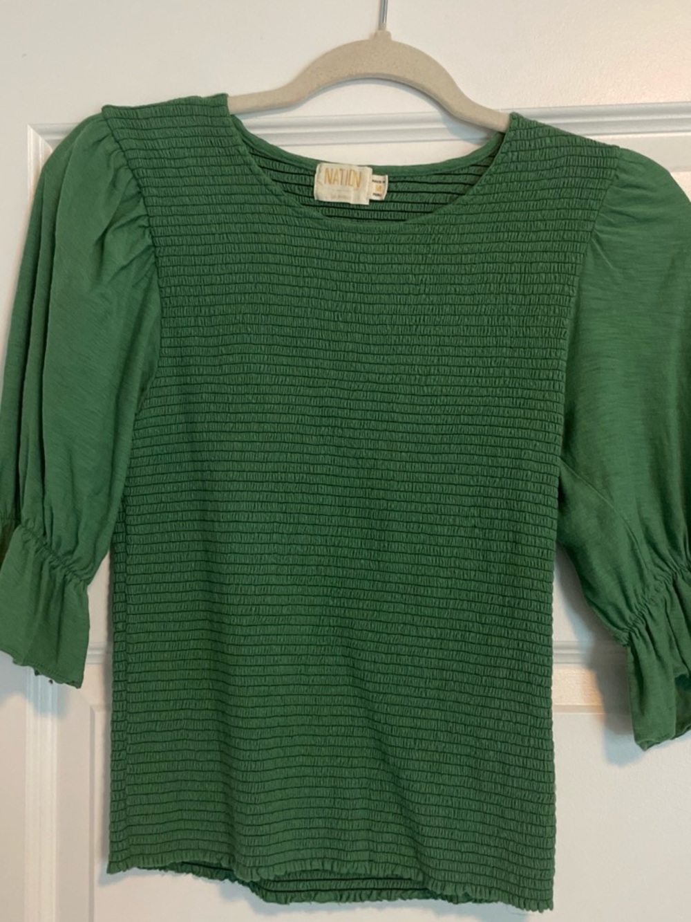 Nation LTD Emerald Green Smocked Puff-Sleeve Top